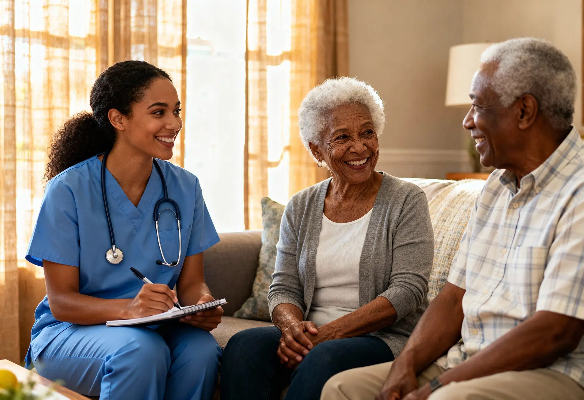 Palliative care nurse meeting with a patient and family at home to discuss personalized care and improve quality of life.