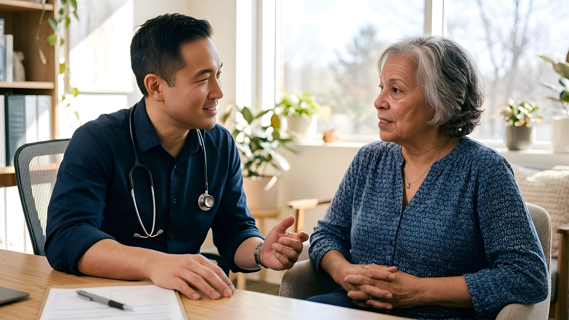 Hospice care professional discussing care and coverage with an older patient